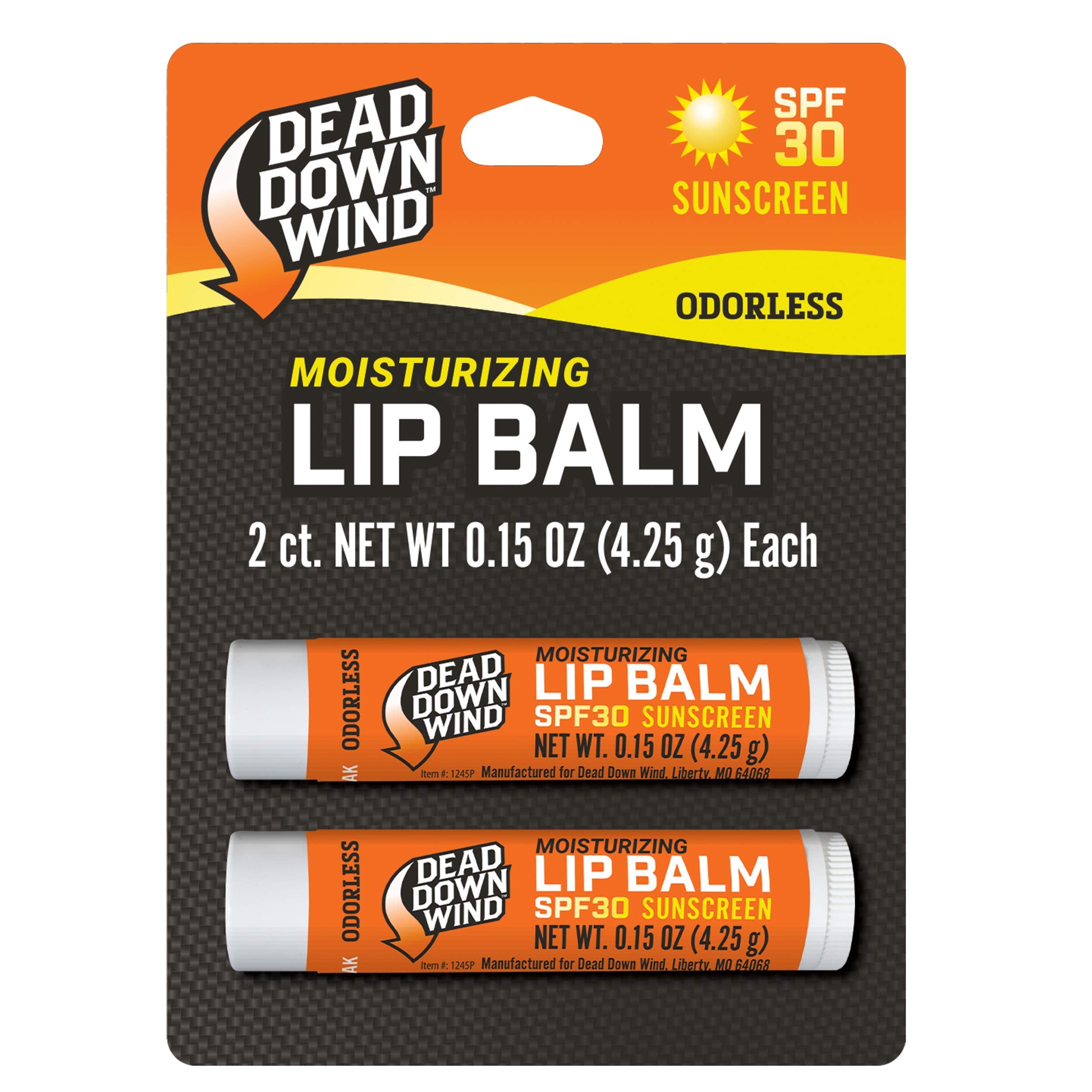 Dead Down Wind SPF 30 lip balm two-pack protects lips on outdoor trips.