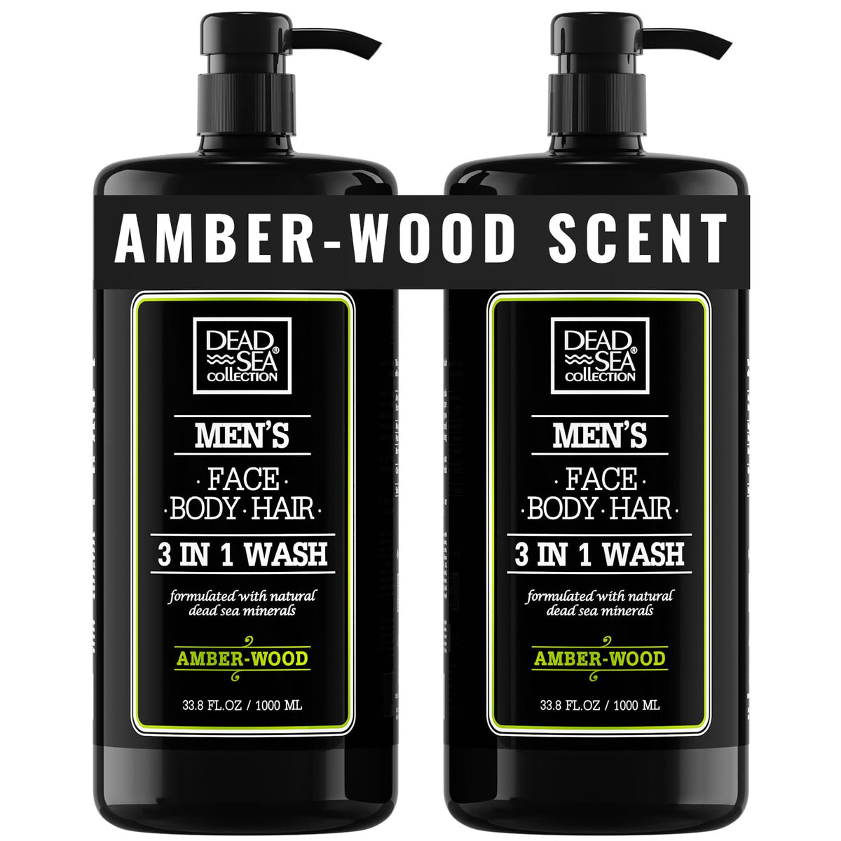 Dead Sea Collection Amber Wood Body Wash bottle front, two-pack convenience for daily cleansing.