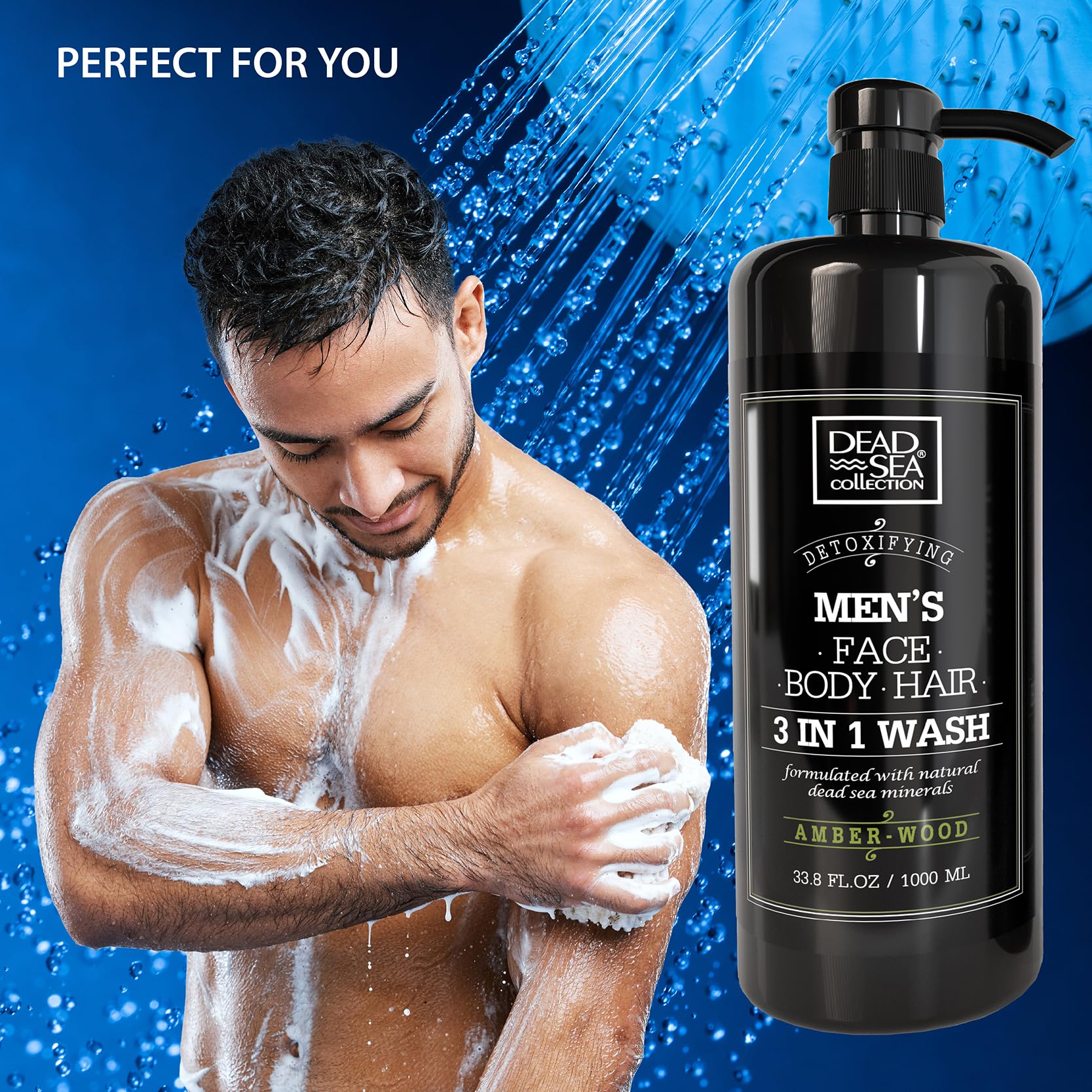 Dead Sea Collection Amber Wood Body Wash pump dispenser for one-handed use.
