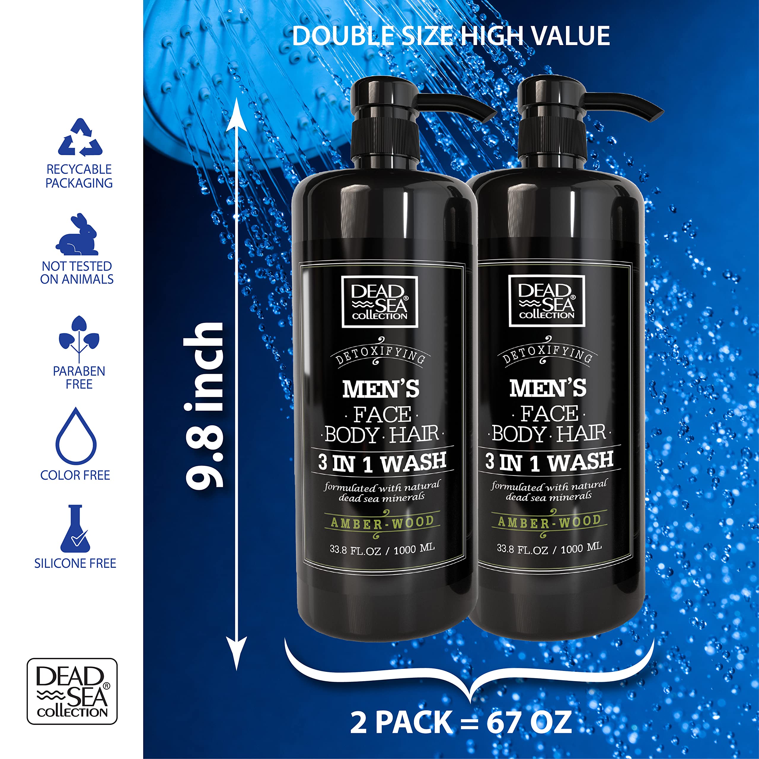 Dead Sea Collection Amber Wood Body Wash shower scene illustrating 3-in-1 functionality.