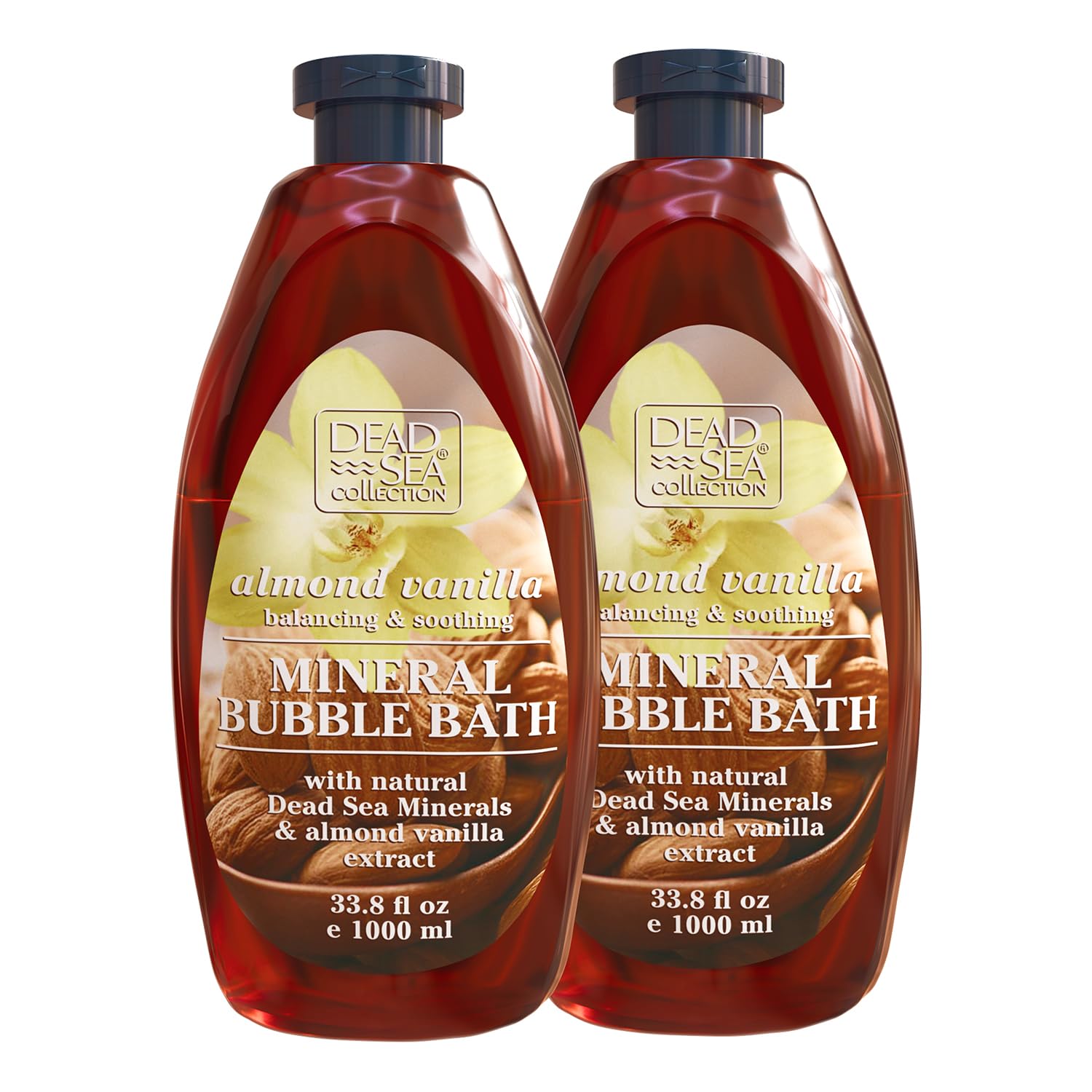 Dead Sea Collection bubble bath almond vanilla bottle emphasizes hydrating formula for soft skin