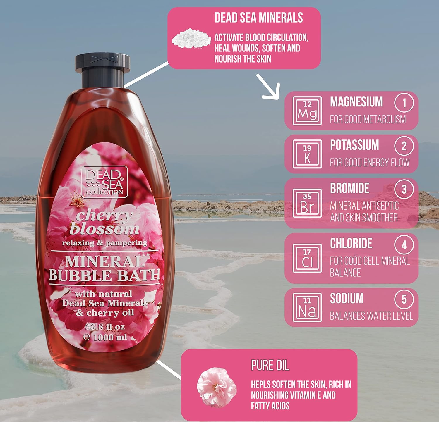 Dead Sea Collection cherry seeds oil highlight image for nourishing, skin-softening bath