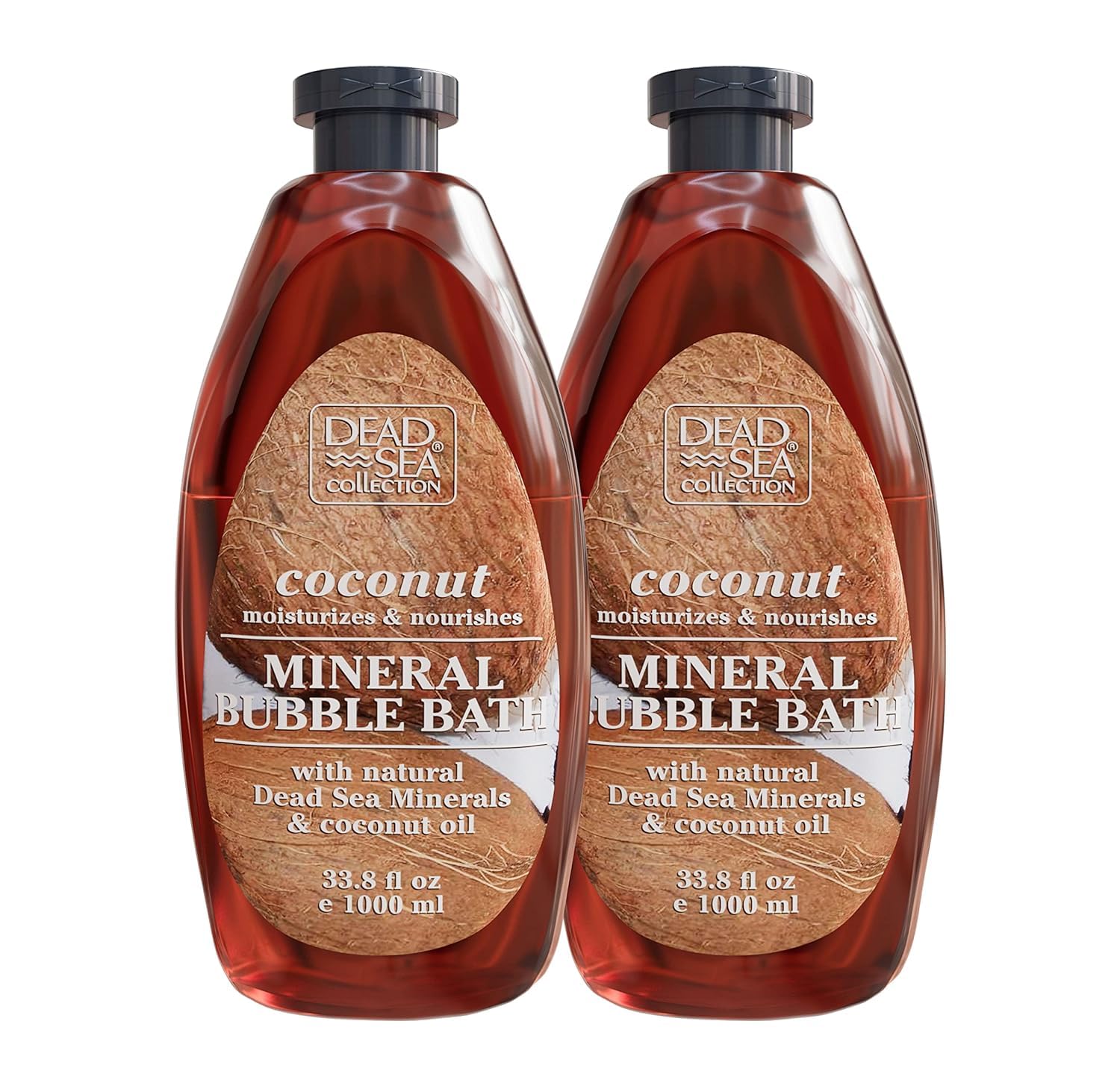 Dead Sea Collection Bubble Bath with Coconut bottle front highlights nourishing coconut oil benefits.