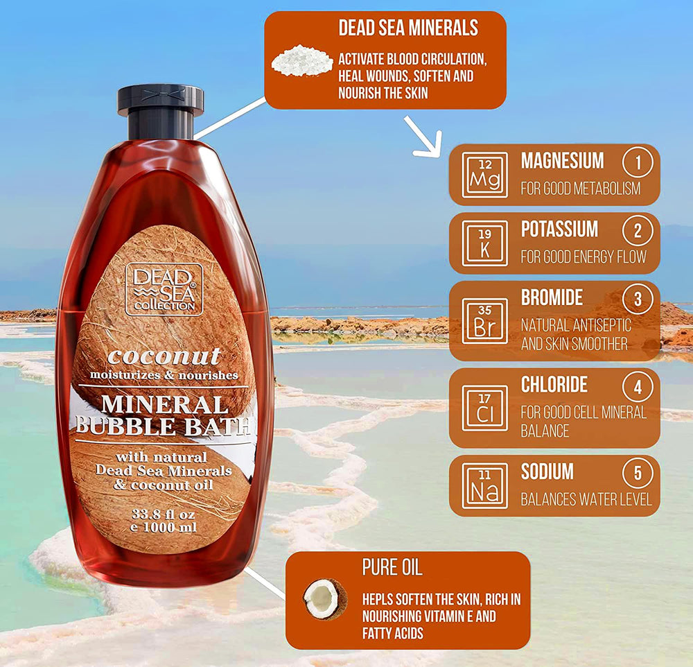 Dead Sea Collection Bubble Bath coconut foam pouring conveys spa-like relaxation for all skin types.