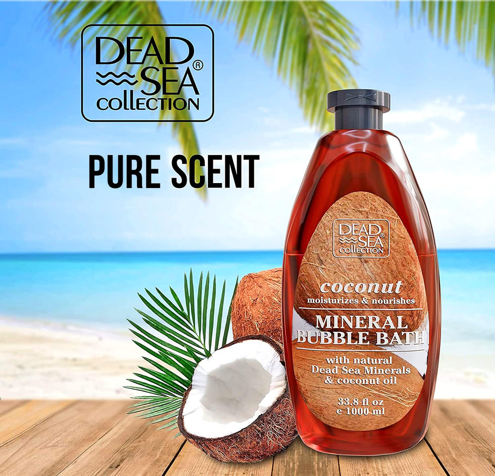 Dead Sea Collection Bubble Bath coconut minerals closeup emphasizes mineral-rich formula for hydrated skin.