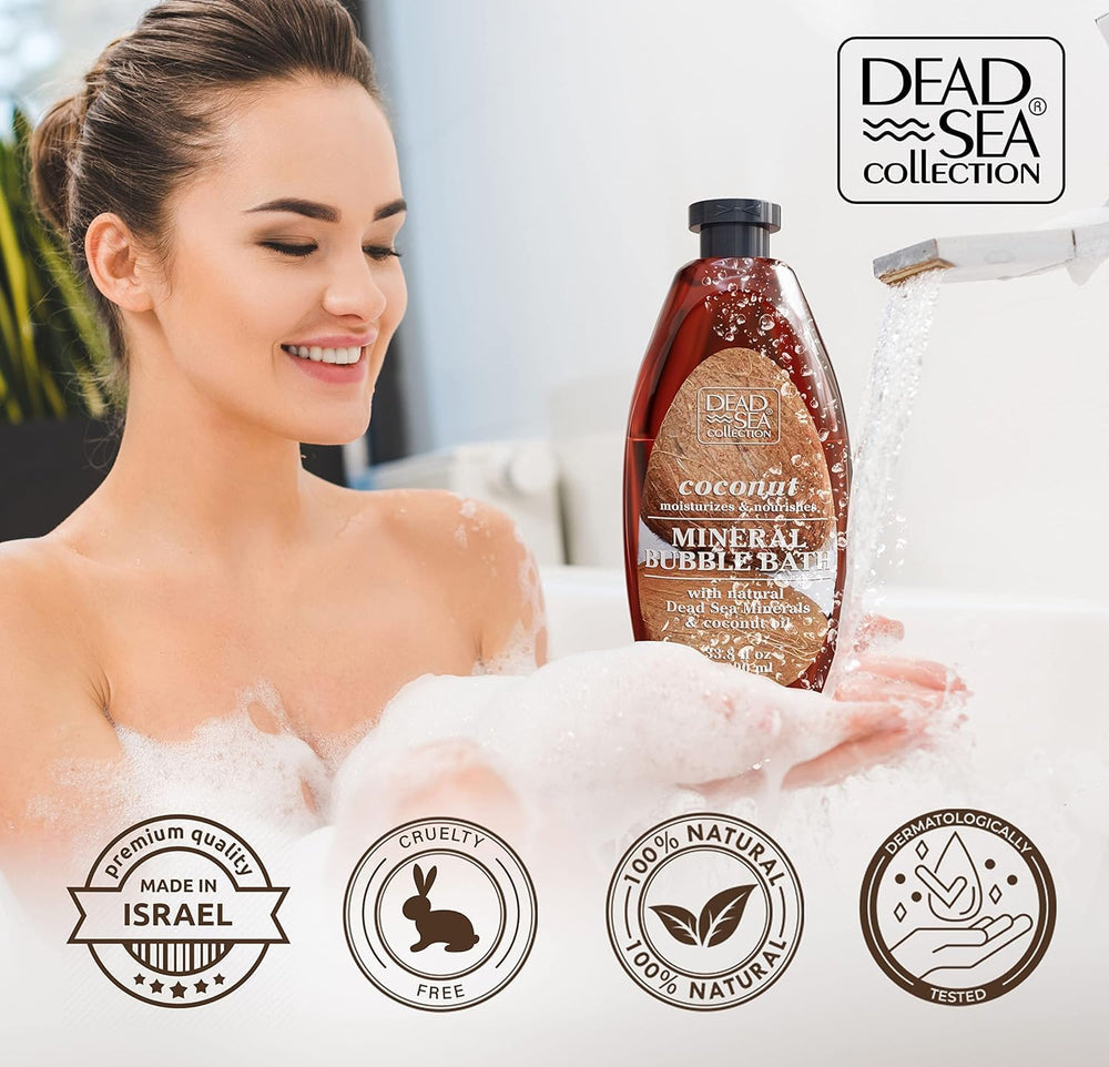 Dead Sea Collection Bubble Bath coconut label closeup reveals premium ingredients.