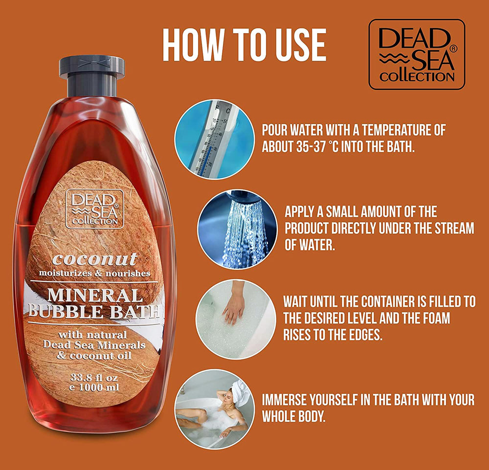 Dead Sea Collection Bubble Bath coconut packaging box showcases value and convenience.