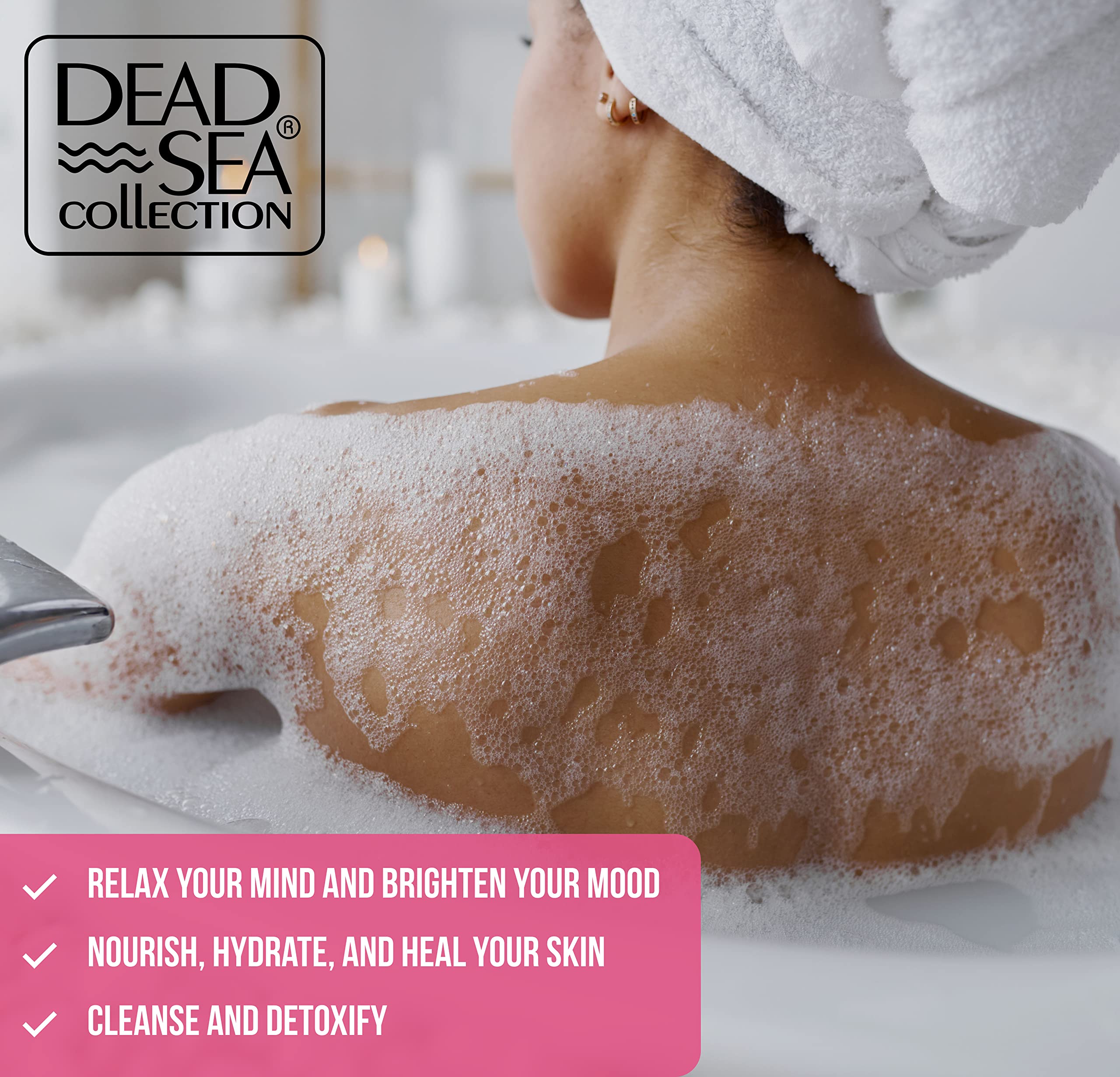 Dead Sea Collection foaming bath image showing luxurious lather for a relaxing soak