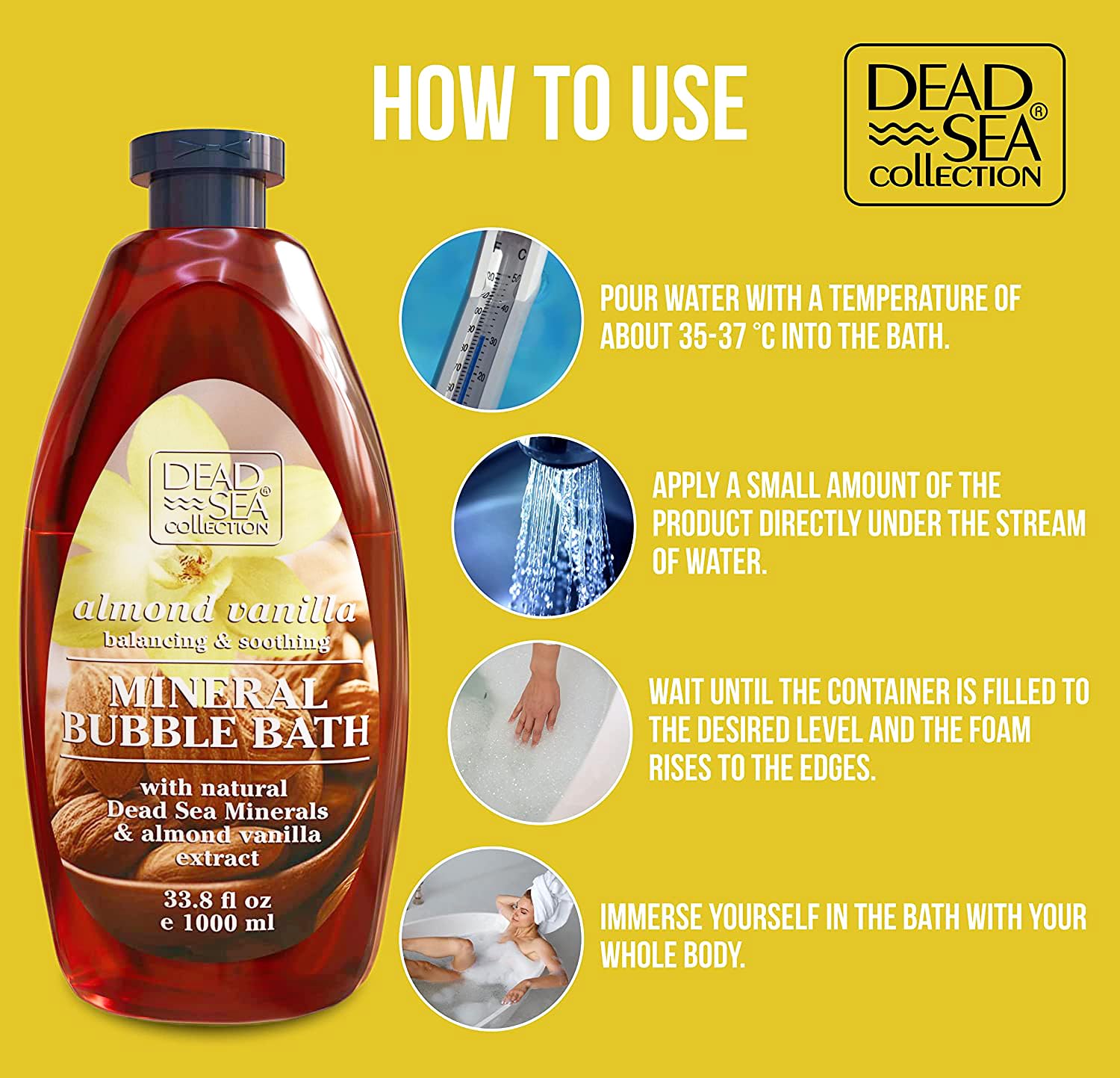 Dead Sea Collection spa-scene bath shows relaxing aromatherapy vibes with vanilla-almond aroma