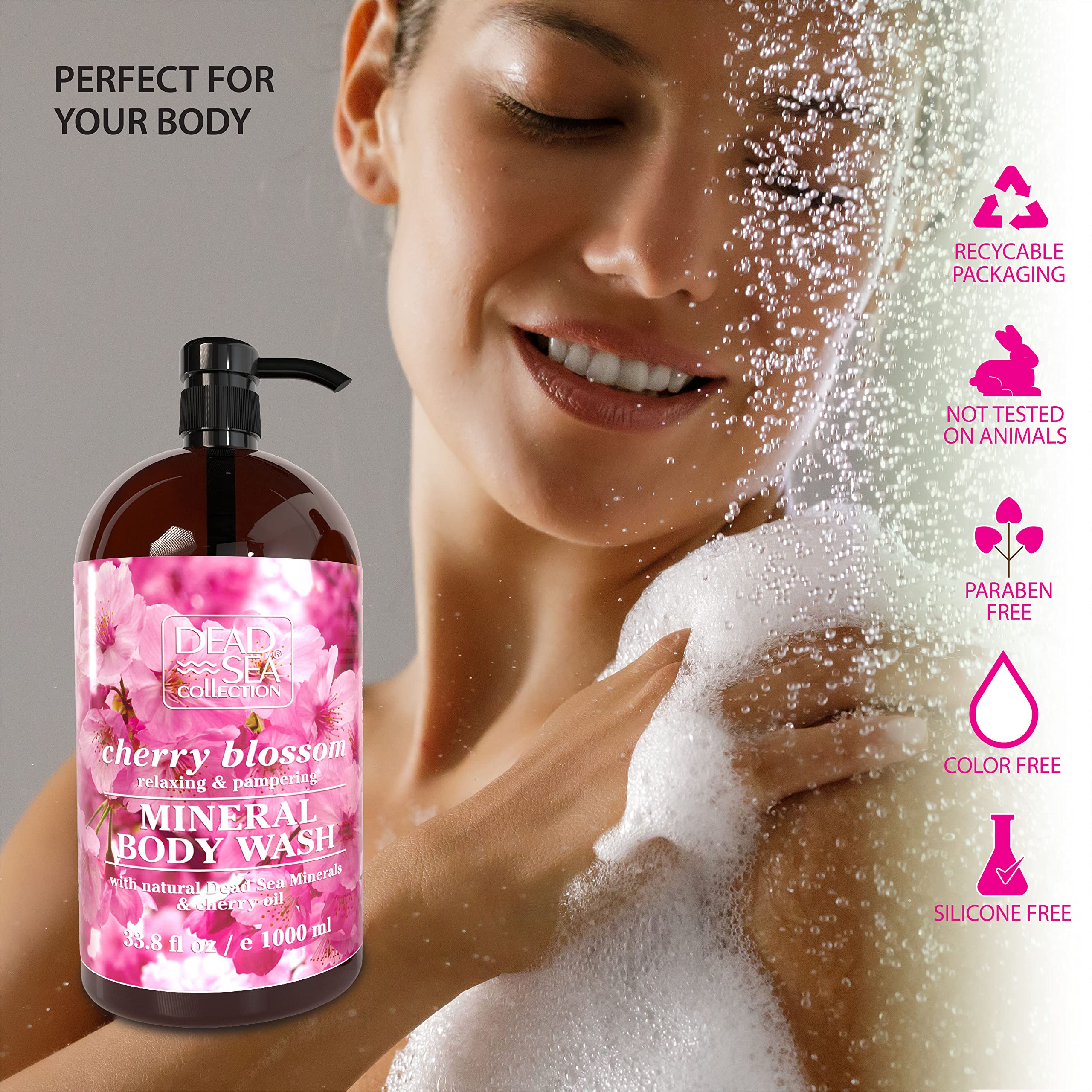 Dead Sea Collection Cherry Body Wash bottle closeup highlighting mineral-rich formula.