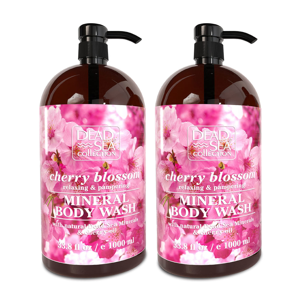 Dead Sea Collection Cherry Body Wash bottle with pump, two-pack, convenient cleansing option.