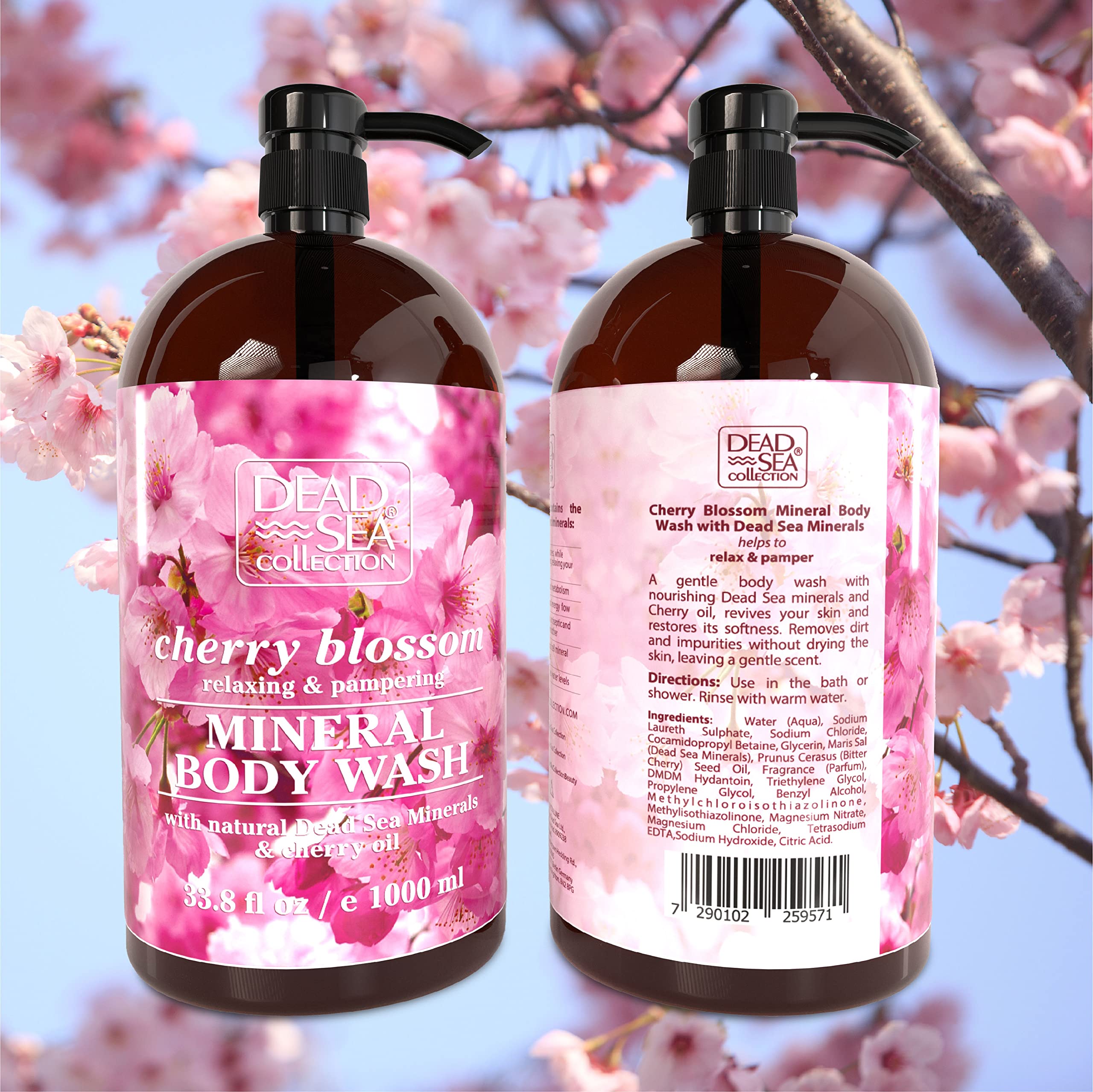 Dead Sea Collection Cherry Body Wash packaging displayed with two bottles.