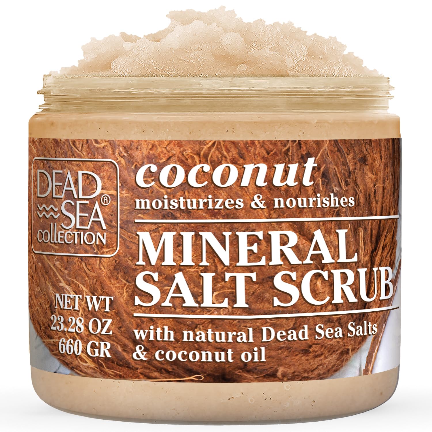 Dead Sea Collection Coconut Salt Scrub jar closeup highlights moisturizing oils for soft, hydrated skin.