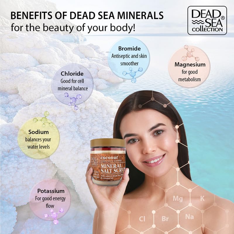 Dead Sea Collection Coconut Salt Scrub recyclable packaging shot communicates sustainable, cruelty-free skincare.