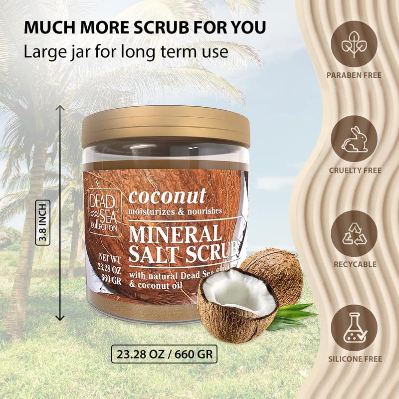 Dead Sea Collection Coconut Salt Scrub on sink demonstrates gentle circular massage.
