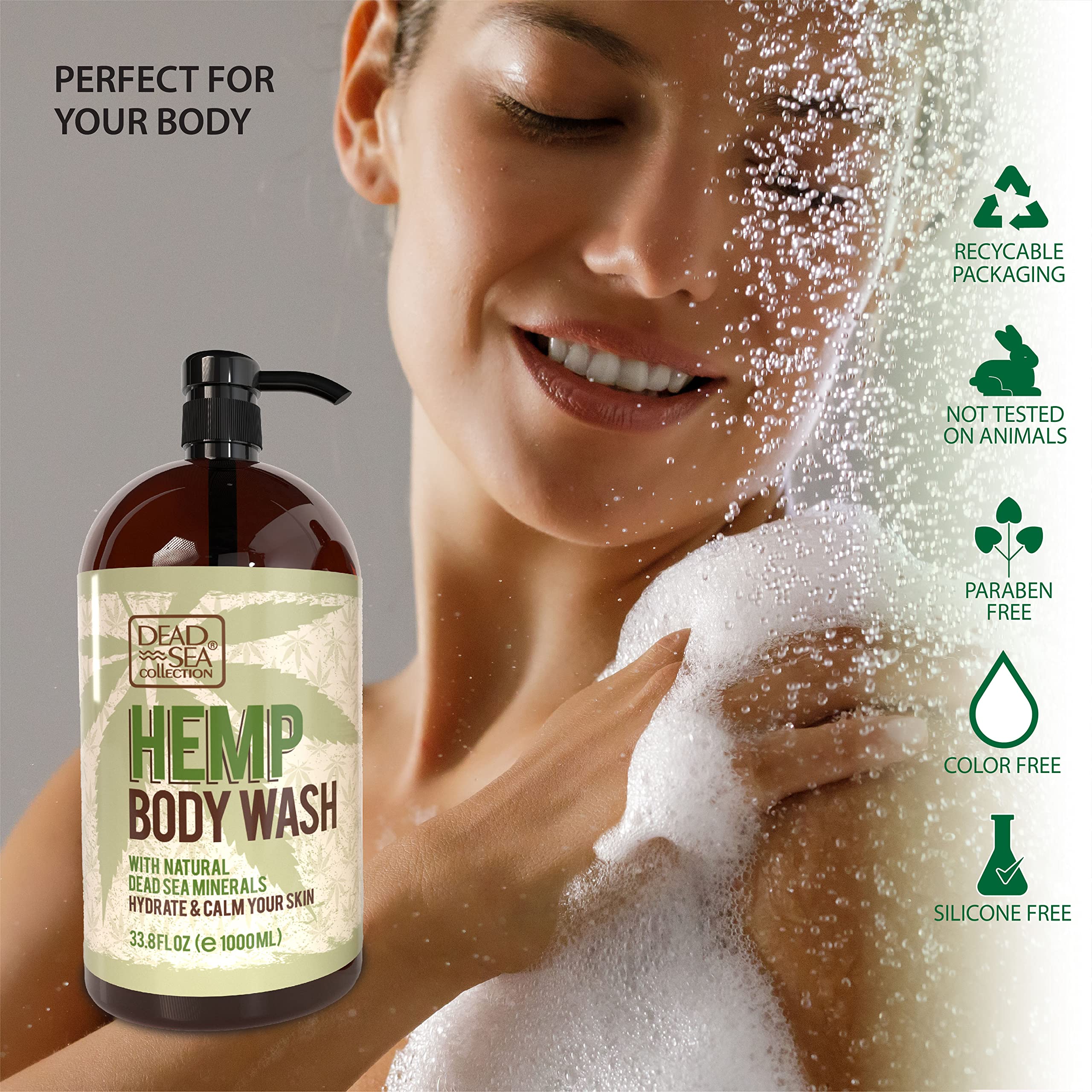 Dead Sea Collection hemp body wash pump dispenser close-up for easy one-handed use