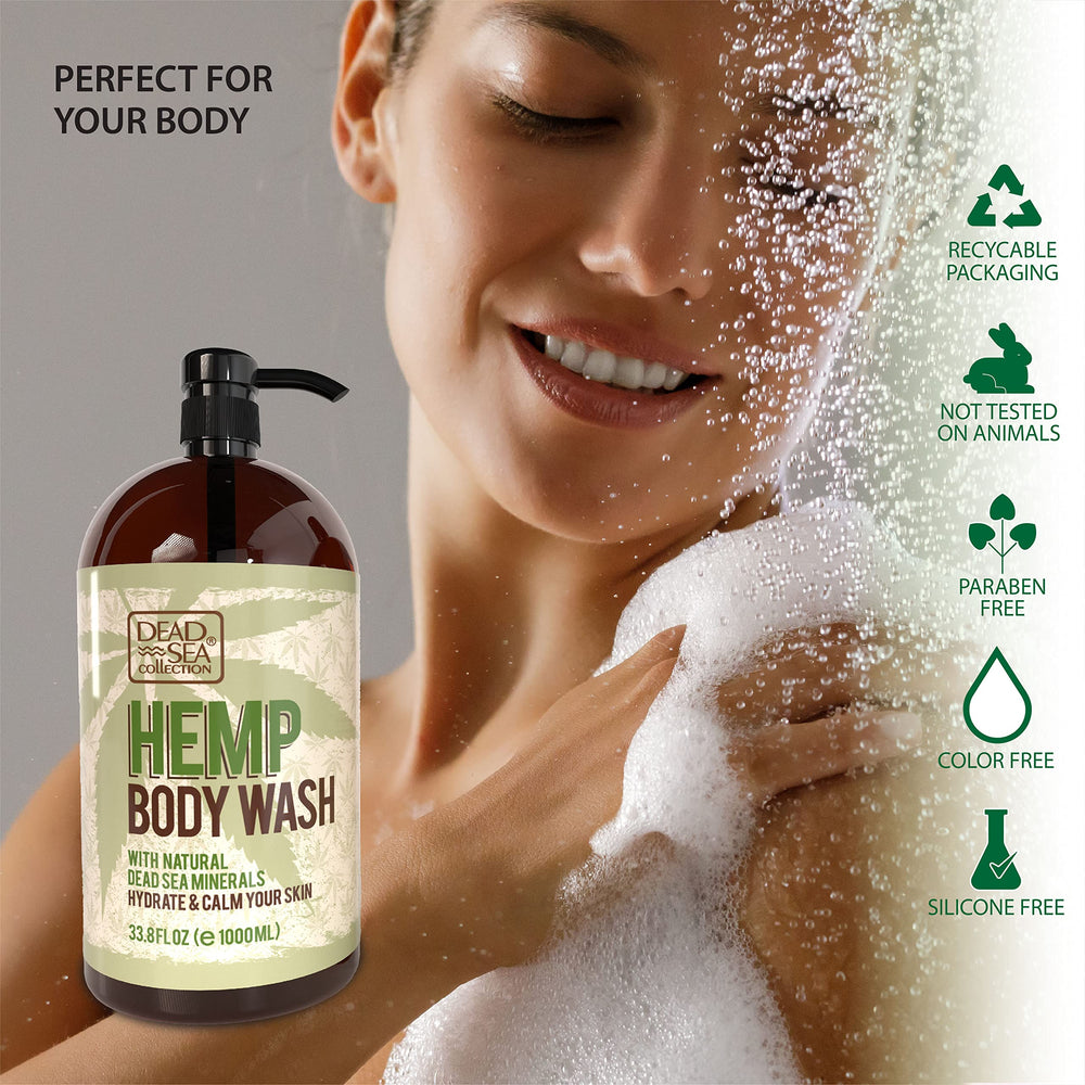 Dead Sea Collection hemp body wash pump dispenser close-up for easy one-handed use