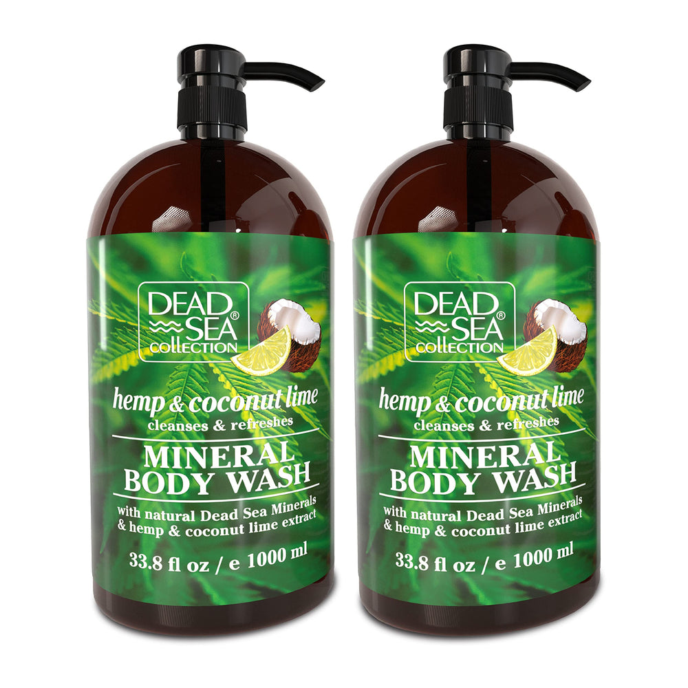Dead Sea Collection hemp coconut lime body wash bottle-front for a refreshing daily cleanse.
