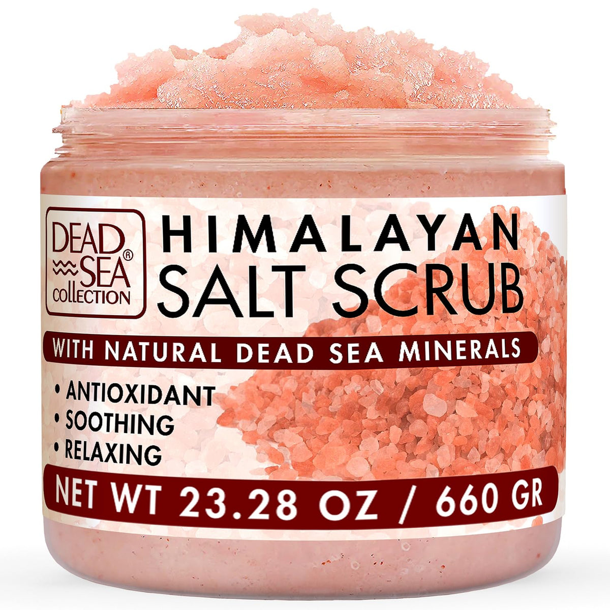 Dead Sea Collection Himalayan Salt Scrub jar open reveals exfoliating texture and nourishing oils.