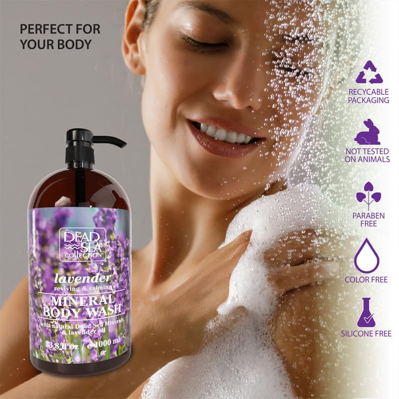 Dead Sea Collection Lavender Body Wash bottle back with usage notes