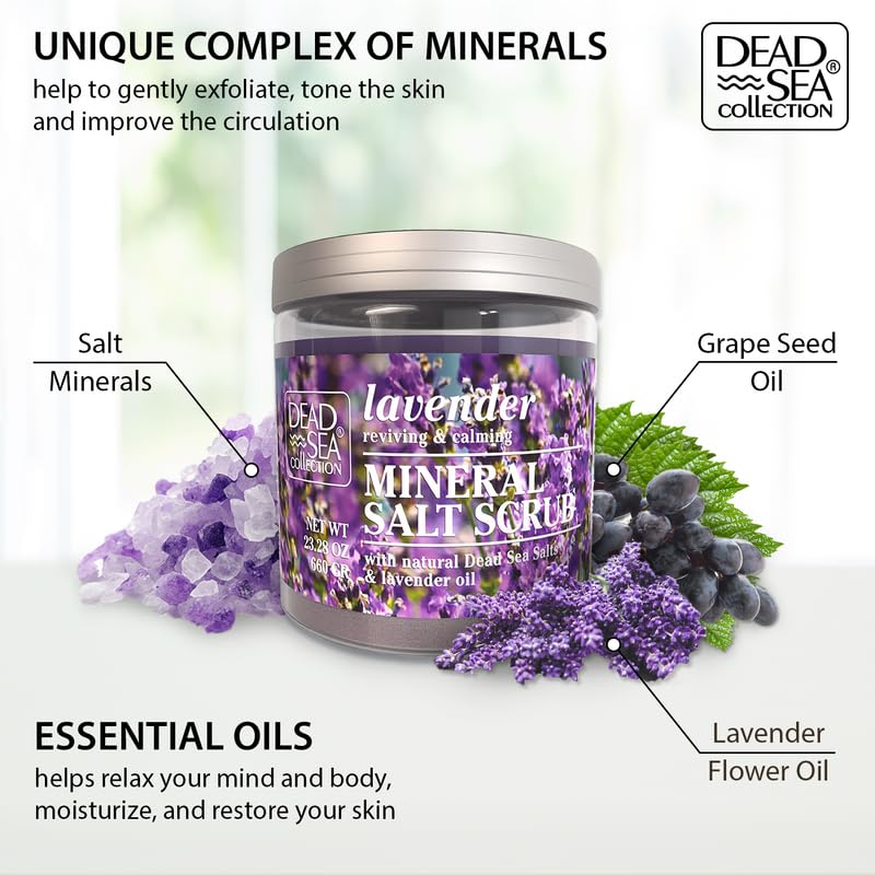 Dead Sea Collection Lavender Salt Scrub closeup oil shows nourishing oils for moisture boost