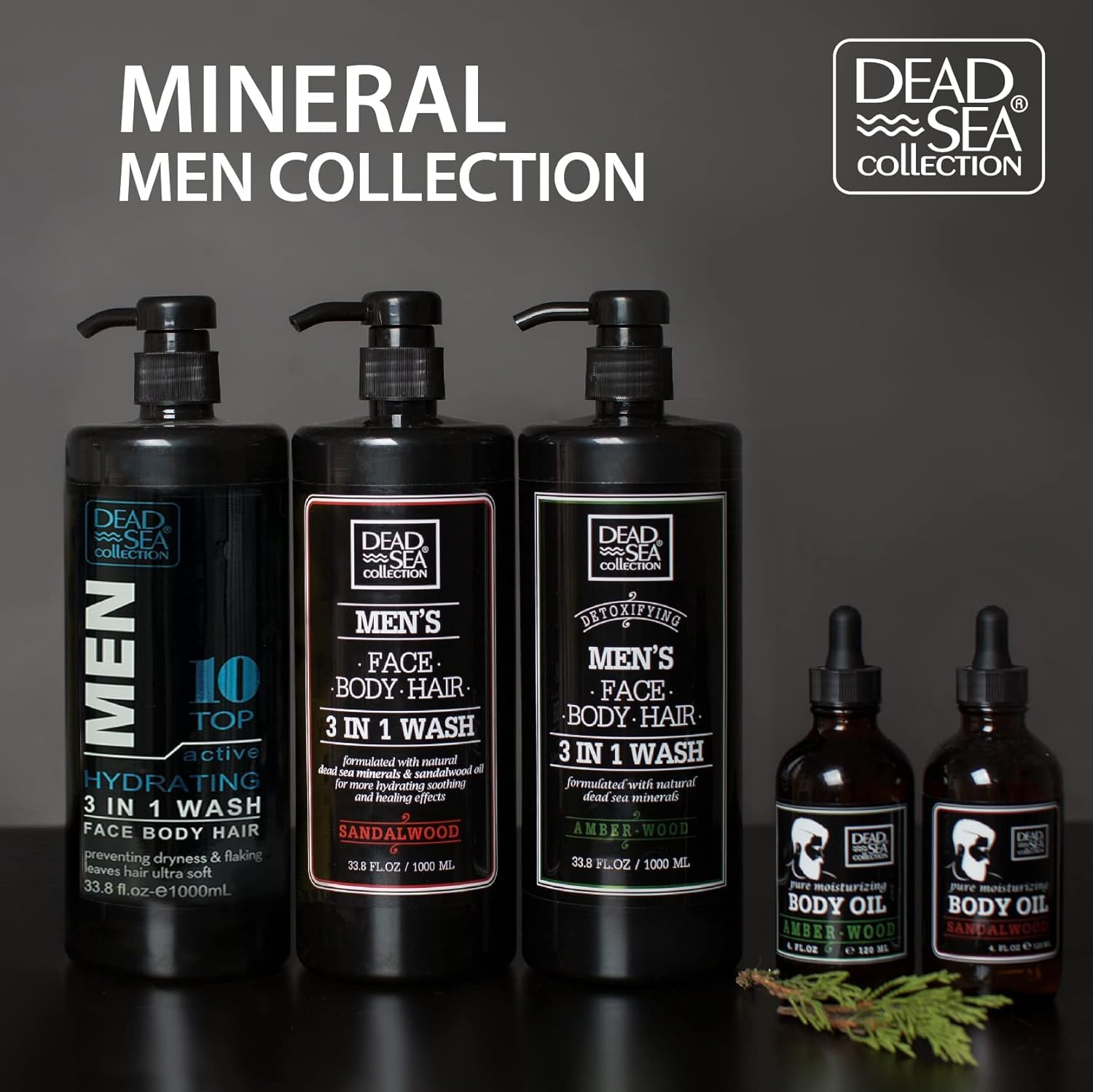 Dead Sea Collection packaging and label shot emphasizes premium masculine design