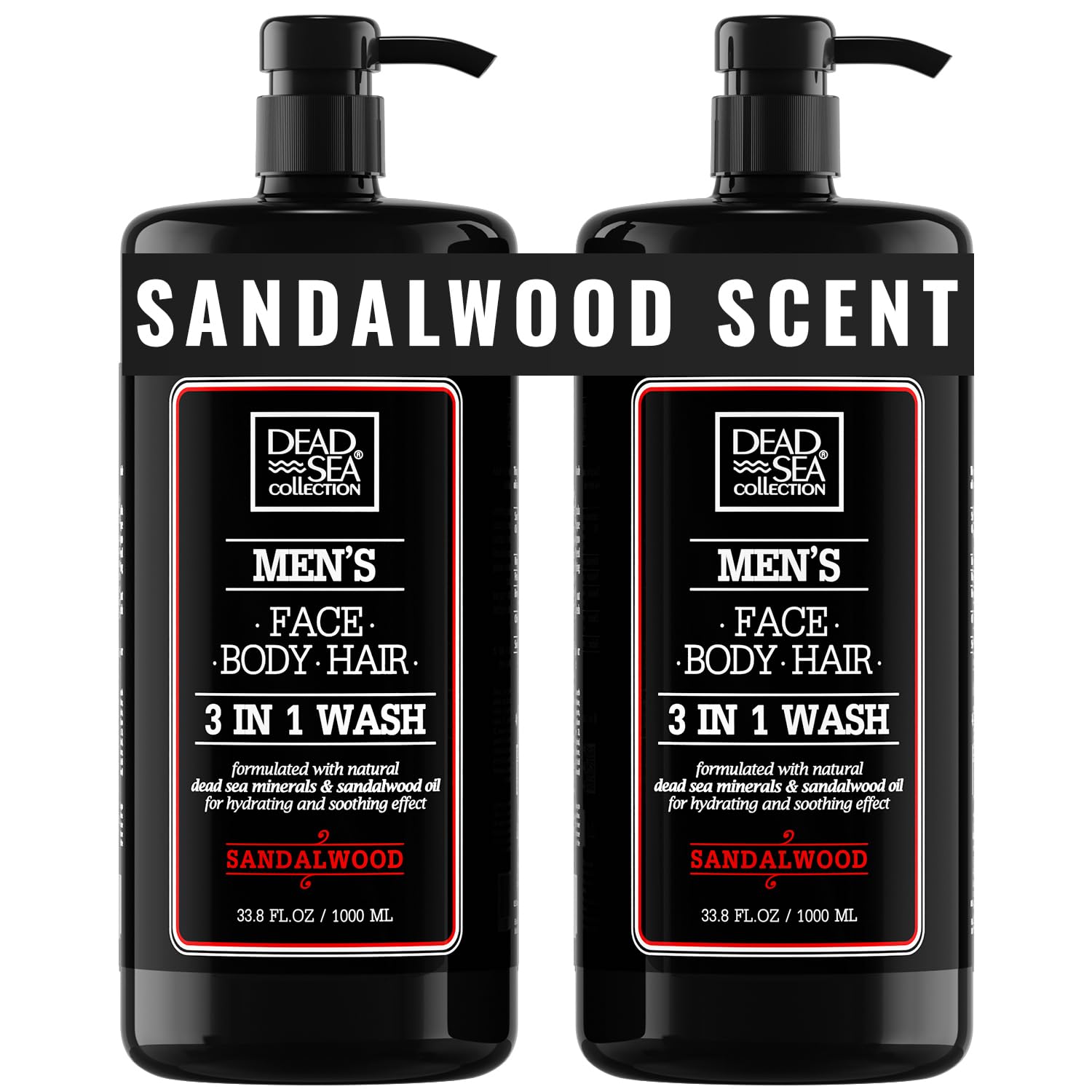 Dead Sea Collection men's body wash sandalwood bottle for refreshing skin and hair cleansing.