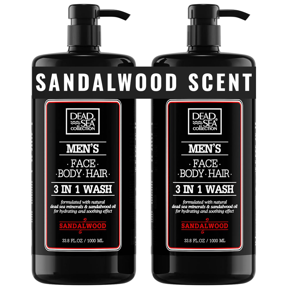 Dead Sea Collection men's body wash sandalwood bottle for refreshing skin and hair cleansing.