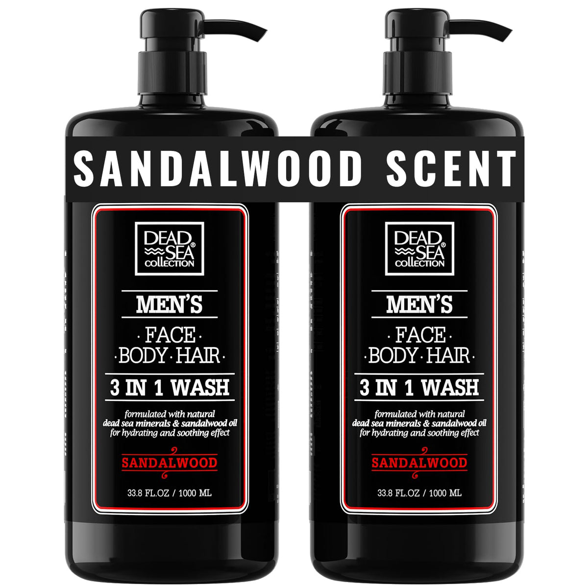 Dead Sea Collection men's body wash sandalwood bottle for refreshing skin and hair cleansing.