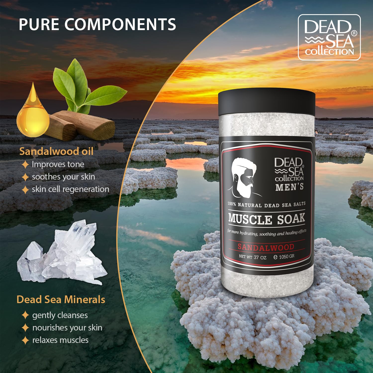 Dead Sea Collection muscle-recovery bath soak bottle pouring suggests recovery ritual