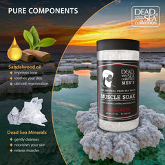 Dead Sea Collection muscle-recovery bath soak bottle pouring suggests recovery ritual