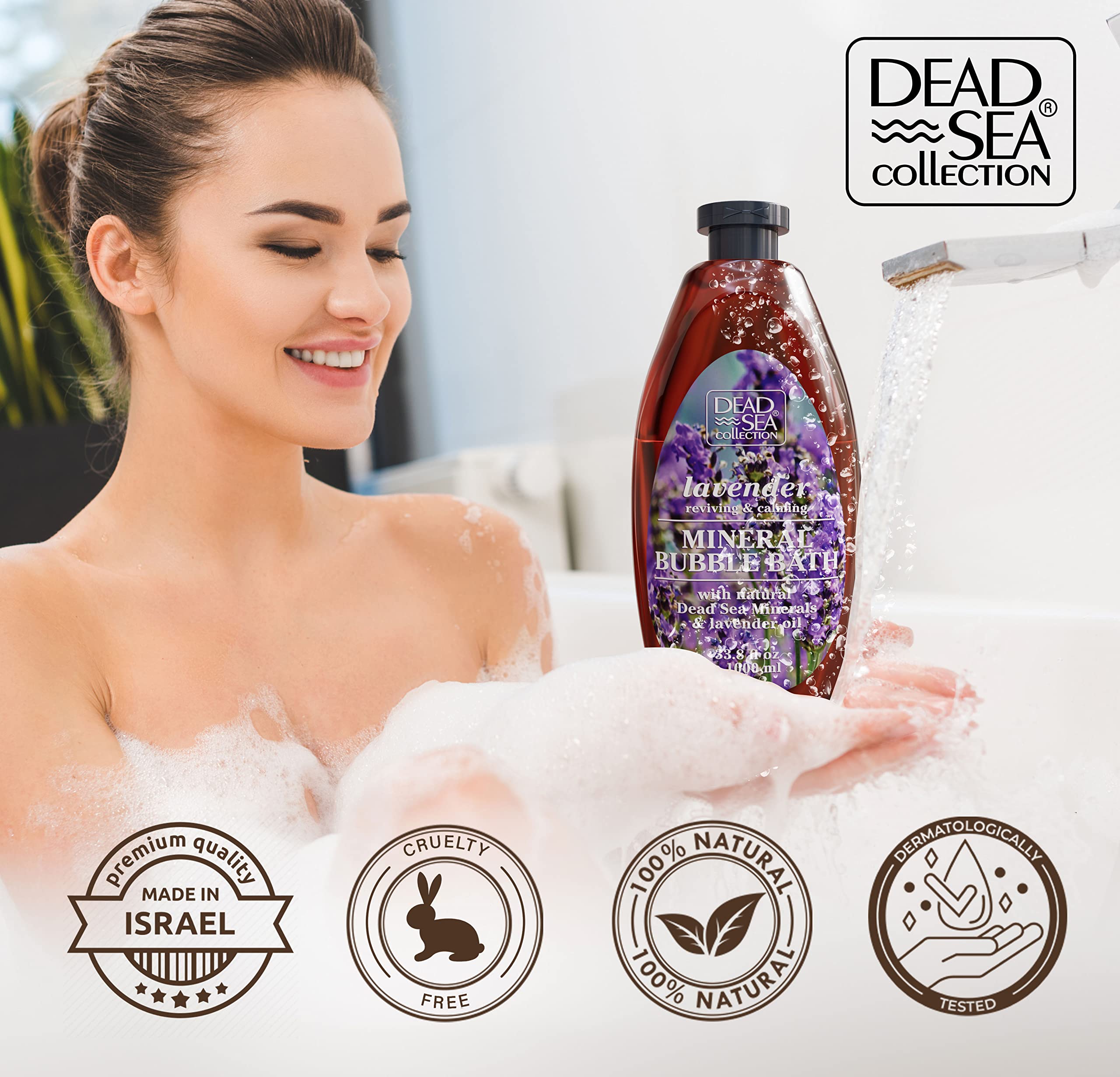 Dead Sea Collection skin moisture closeup — minerals and lavender supporting hydrated skin post-bath.