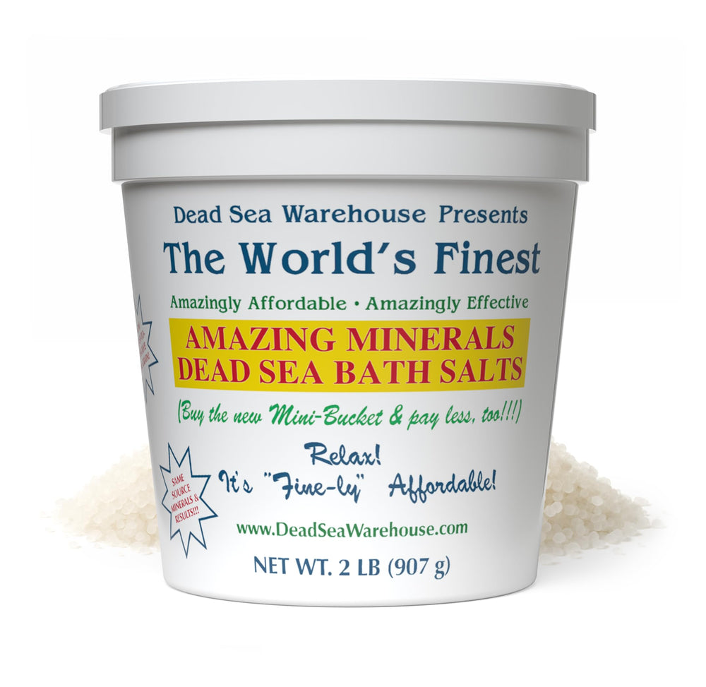 Dead Sea Warehouse amazing minerals bath salts package highlighting mineral-rich formula for spa-like soaks