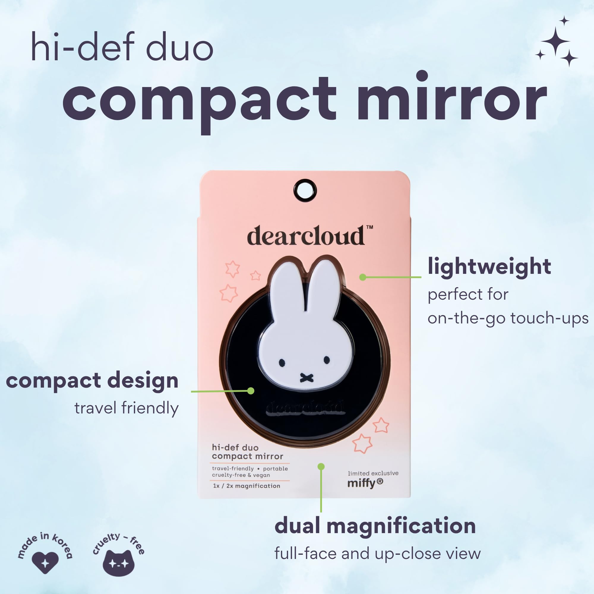 Dearcloud Miffy Hi-Def Duo mirror provides 2x detail view for precise makeup work.