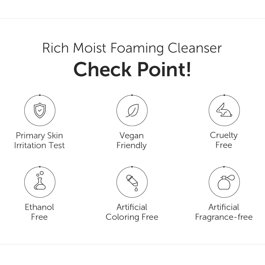 DearKlairs Rich Moist Foaming Cleanser packaging highlights fragrance-free, paraben-free formula.