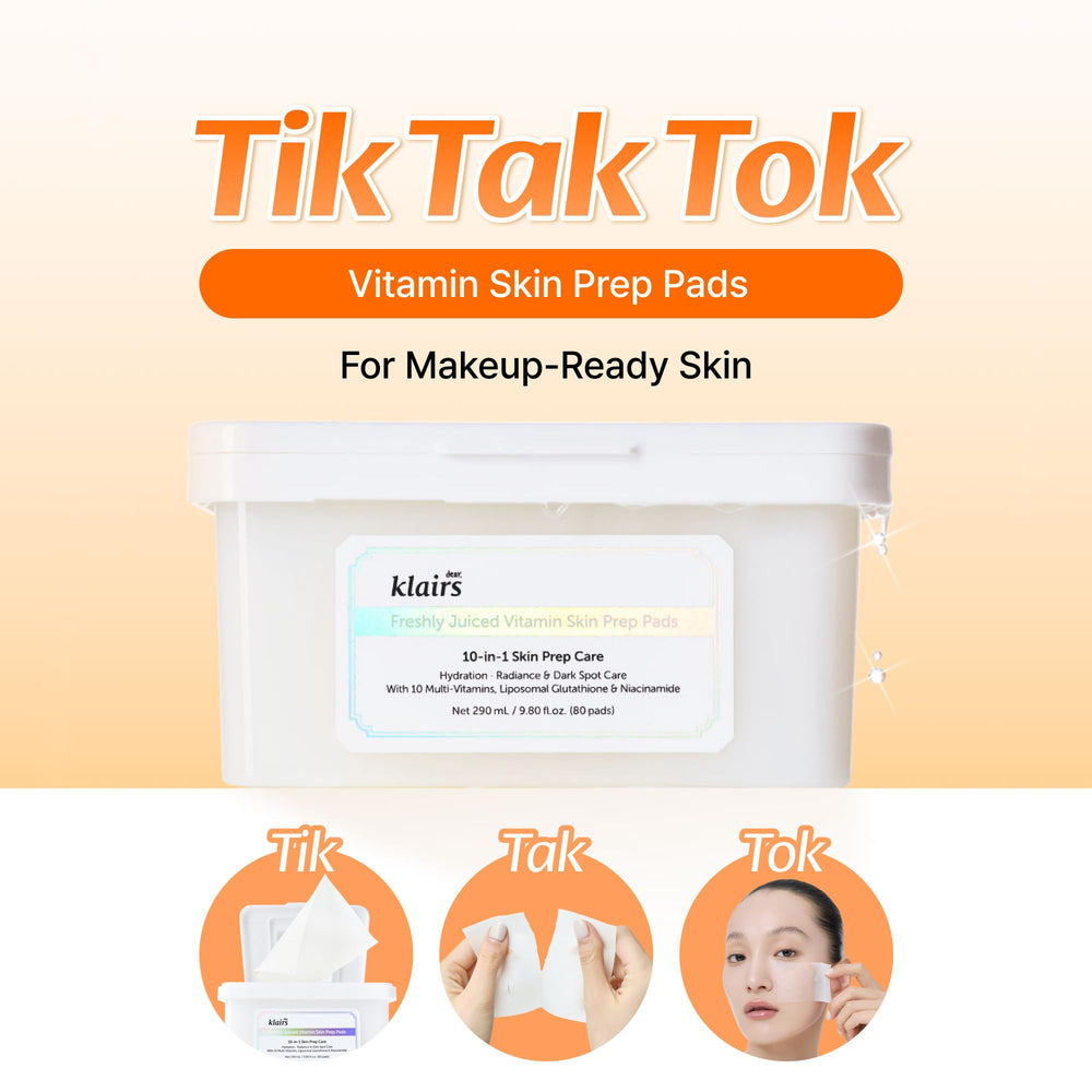 DearKlairs liposomal glutathione bottle sits beside pads for blemish-conscious routine.