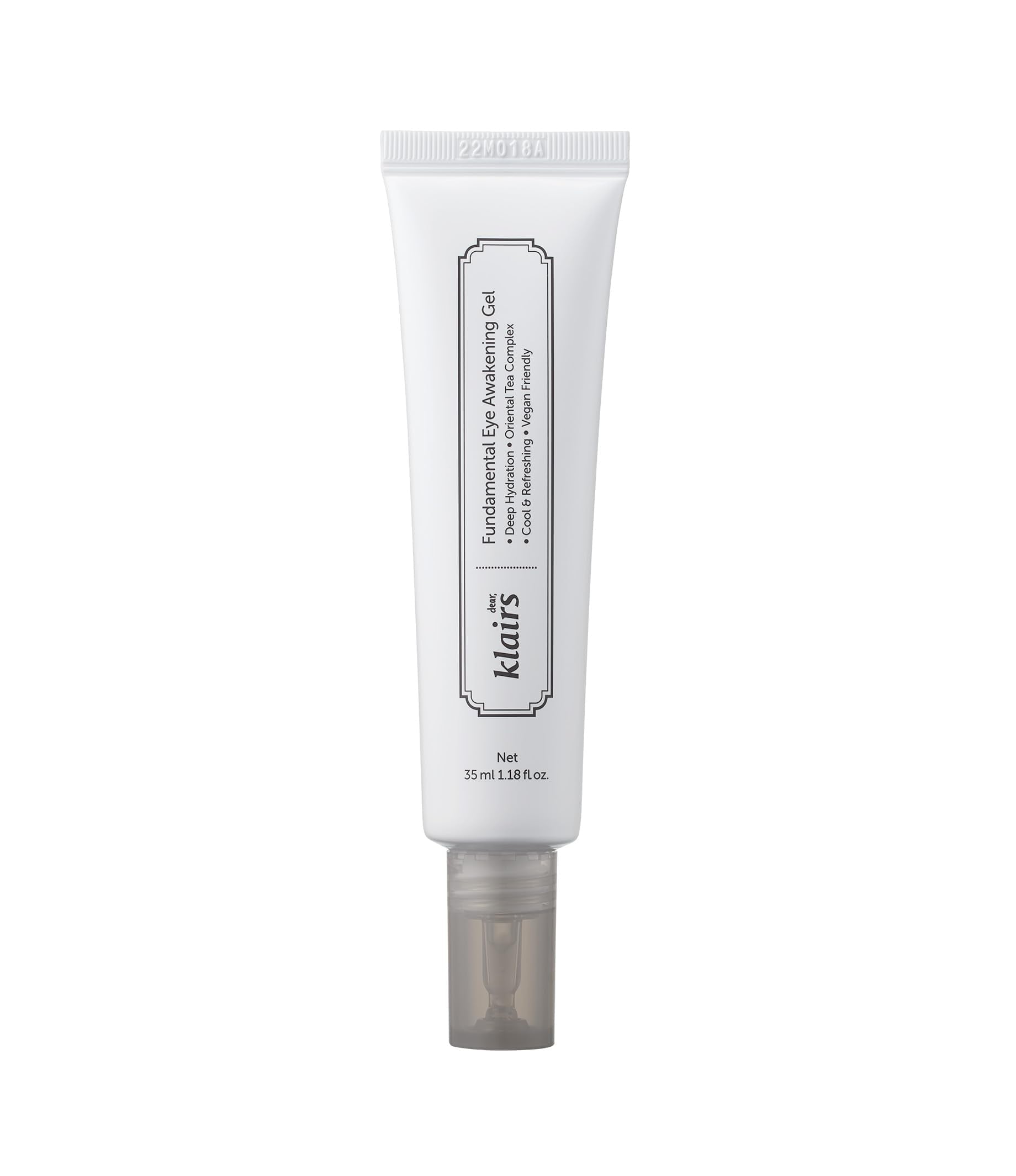 DearKlairs Fundamental Eye Awakening Gel tube application delivers rapid hydration for refreshed eyes.