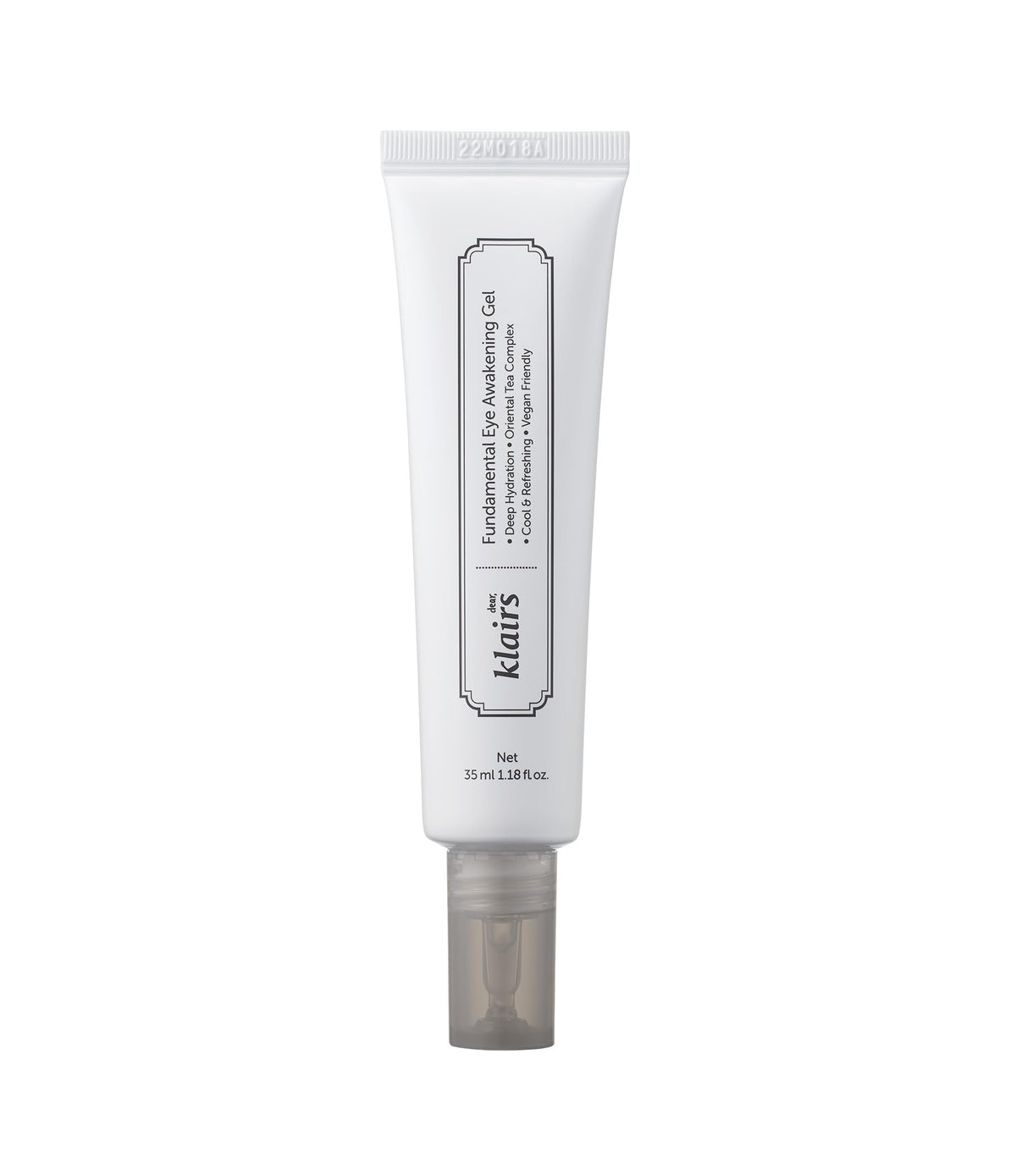 DearKlairs Fundamental Eye Awakening Gel tube application delivers rapid hydration for refreshed eyes.