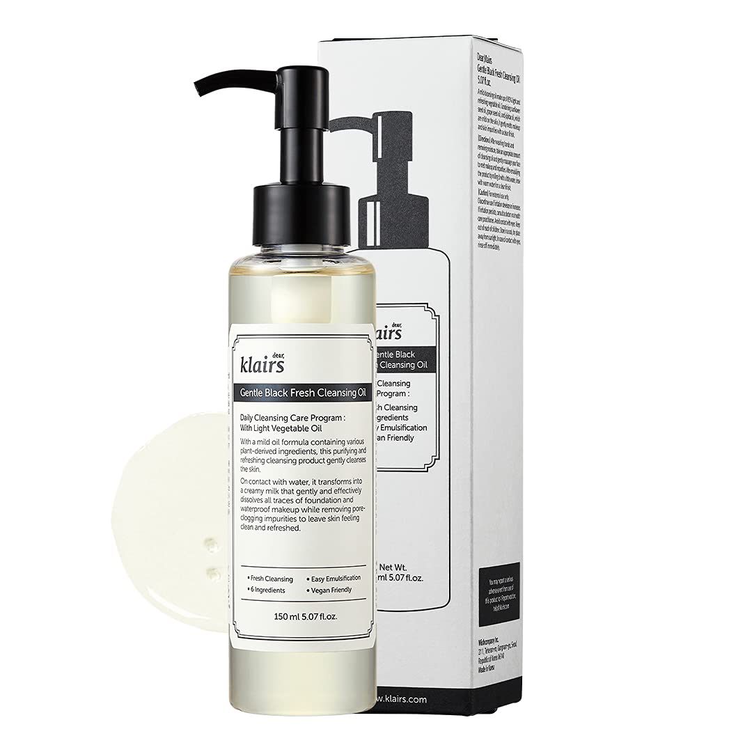DearKlairs Gentle Black Fresh Cleansing Oil bottle, lightweight cleanse for oily sensitive skin