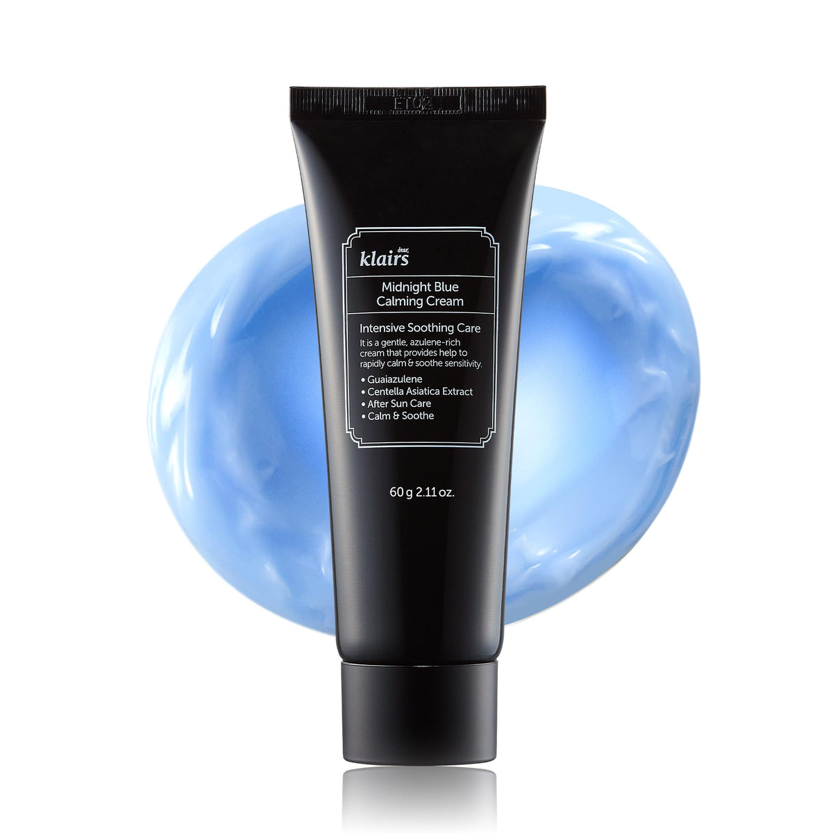 DearKlairs Midnight Blue Calming Cream bottle with blue hue delivering lightweight hydration