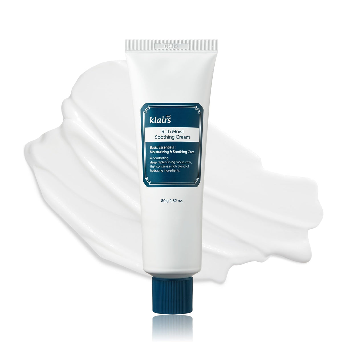 DearKlairs Rich Moist Soothing Cream bottle closeup showing barrier-friendly hydration for sensitive skin.