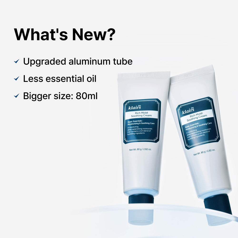 DearKlairs Rich Moist Soothing Cream porcelain skin closeup reveals dewy, non-greasy finish.