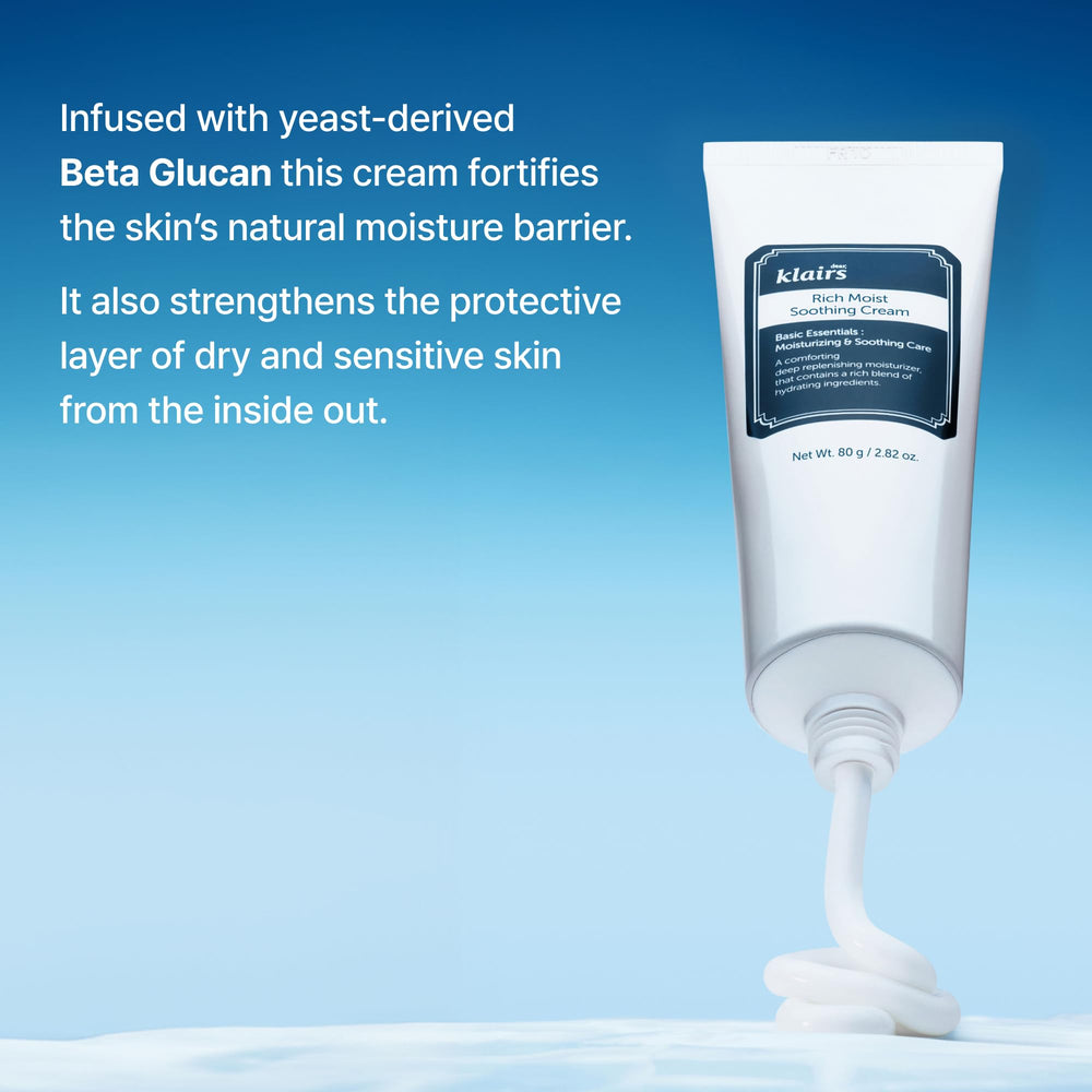 DearKlairs Rich Moist Soothing Cream sensitive-skin coverage closeup signals calm, balanced hydration.