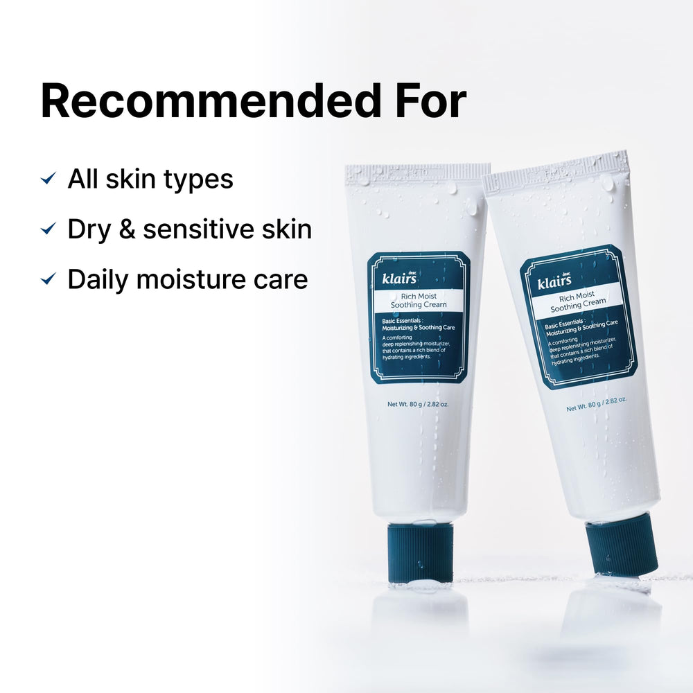 DearKlairs Rich Moist Soothing Cream vegan fragrance-free label highlights clean, ethical skincare.