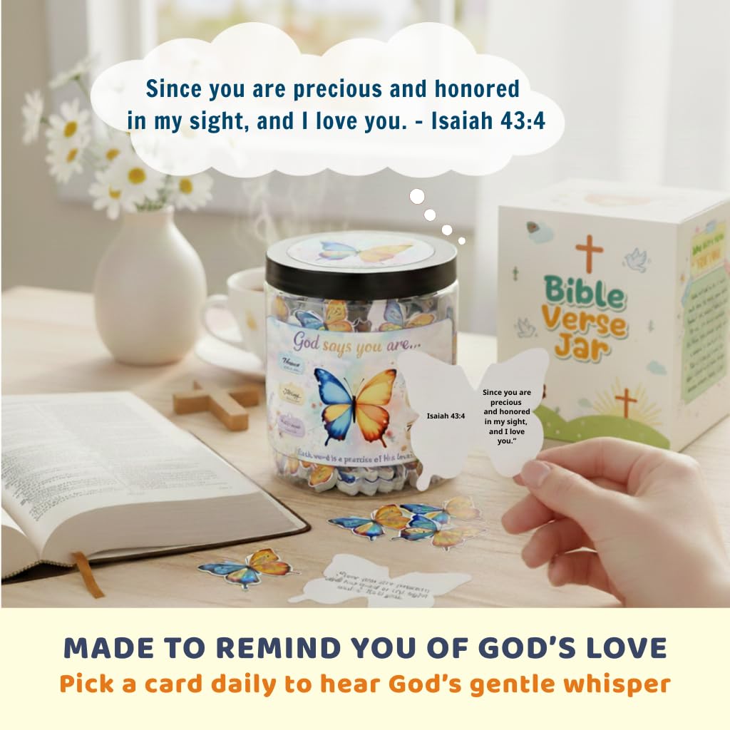 DEARMINE butterfly jar 60 cards layout highlights daily scripture and encouragement.