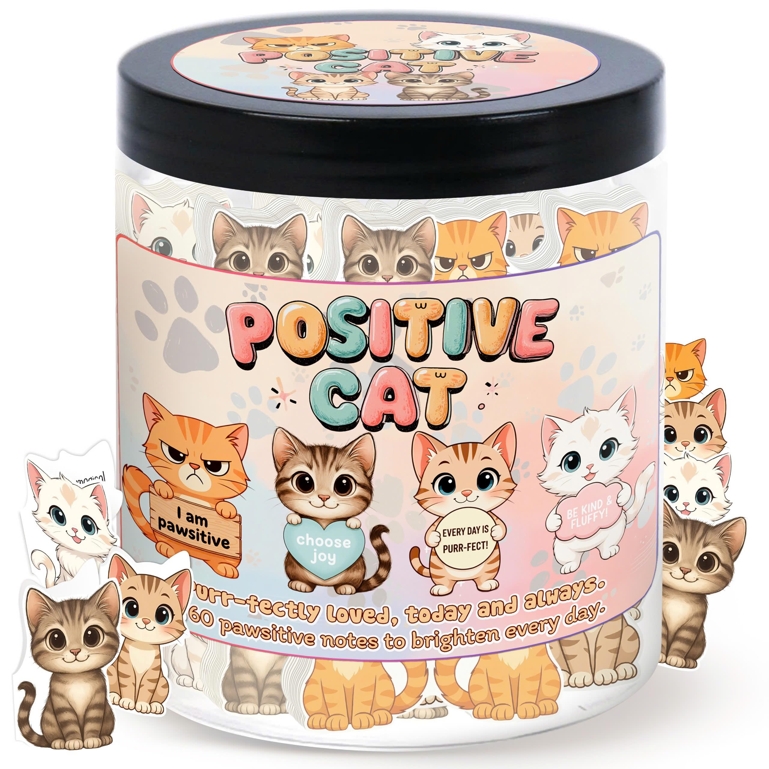 DEARMINE positive cat jar featuring 60 affirmation cards for daily motivation.