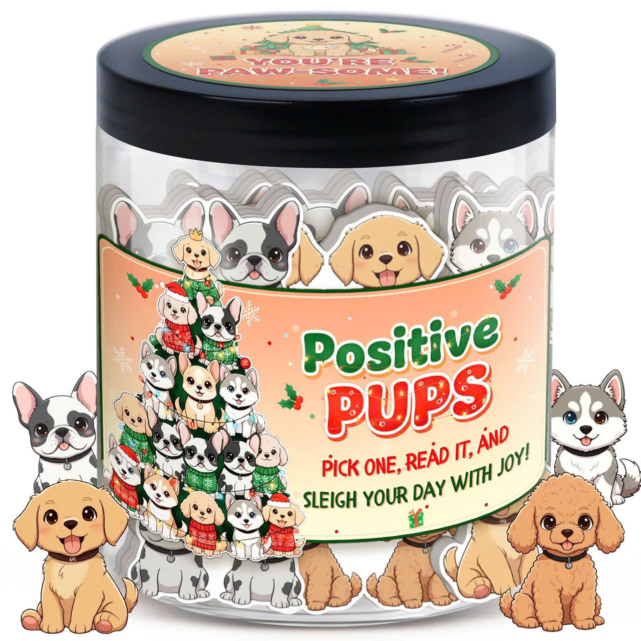DEARMINE Positive Christmas Pups Jar puppy art decor for festive gifting and mood-lifting moments
