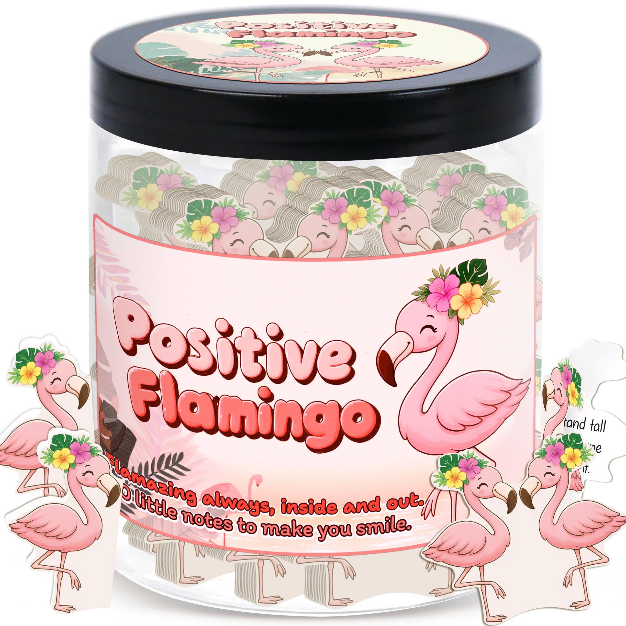 DEARMINE positive flamingo jar front view with 60 affirmation cards for desk motivation.