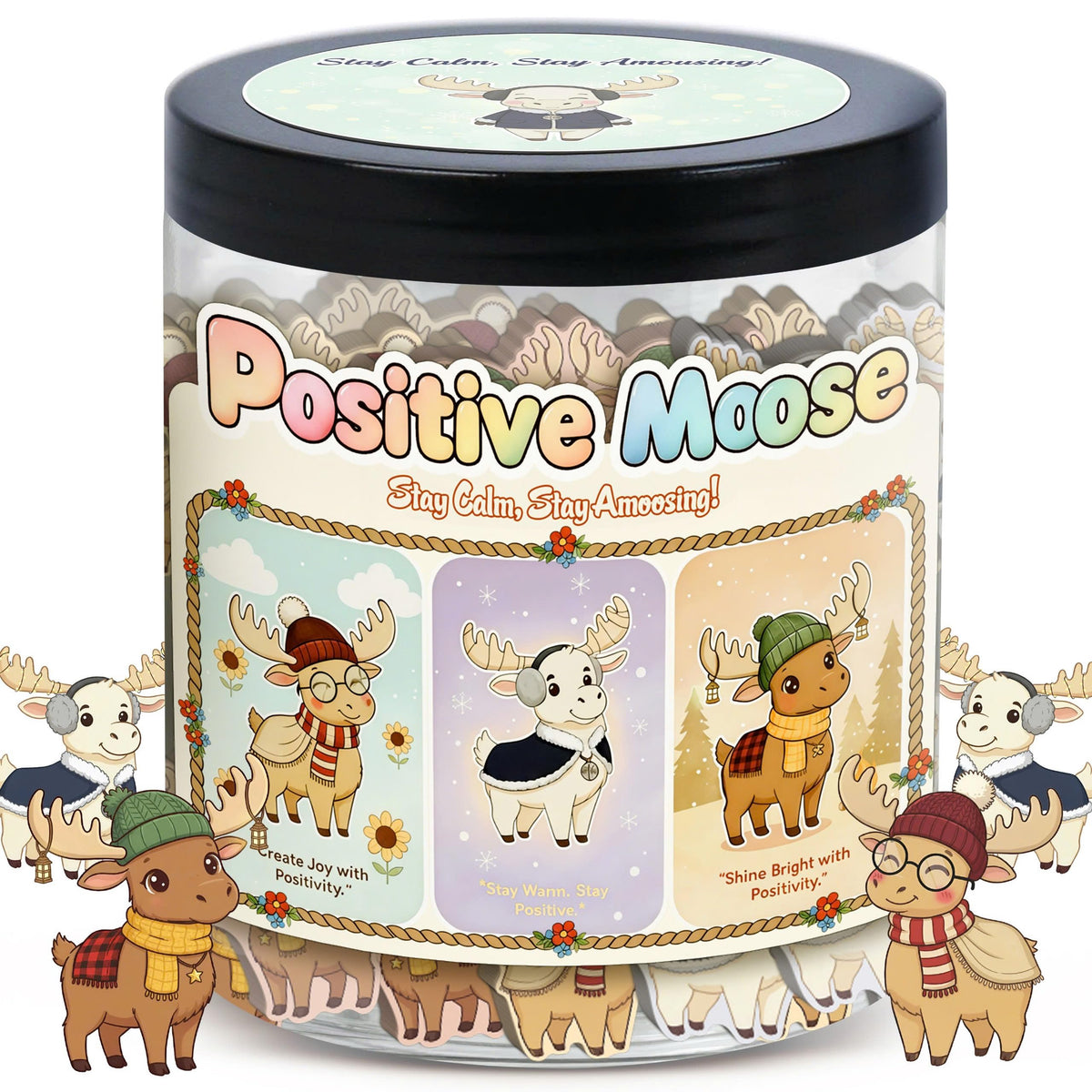 DEARMINE Positive Moose Jar on desk setup, a cozy stress-relief reminder for workspaces.