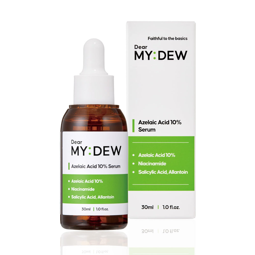 DearMYDEW 10% azelaic serum bottle close-up for precise application on sensitive skin.